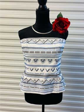 🌺White House Black Market Strapless Corset Top bone in Navy Geo trim NWOT 10